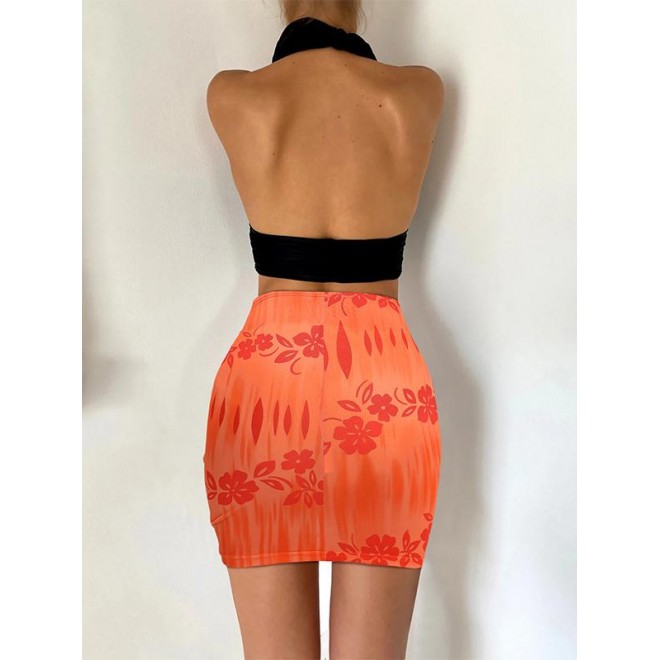 Fashion Butterfly Print Drawstring Ruched Hip Skirt