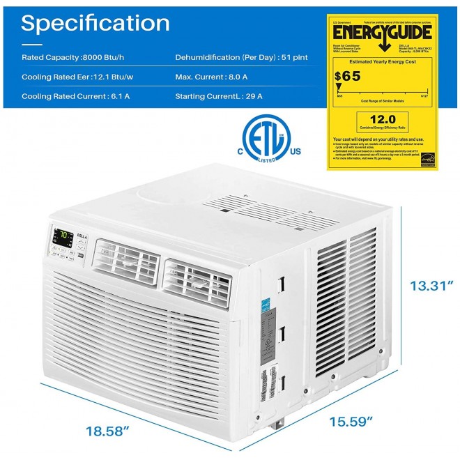 8000 BTU Window Air Conditioner 820W, 115V/60Hz, 12.1 (EER) Energy Star Efficient Cooling Rooms up to 350 Sq. Ft. with 51 Pint/24hrs Dehumification, Digital Display with Remote