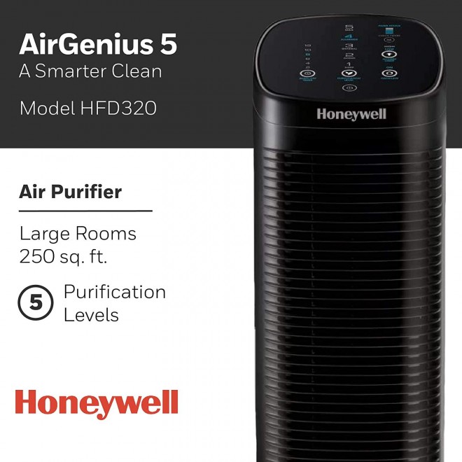 HFD320 AirGenius 5 Air Purifier Cleaner/Odor Reducer, Large Room, 1-Pack, Black