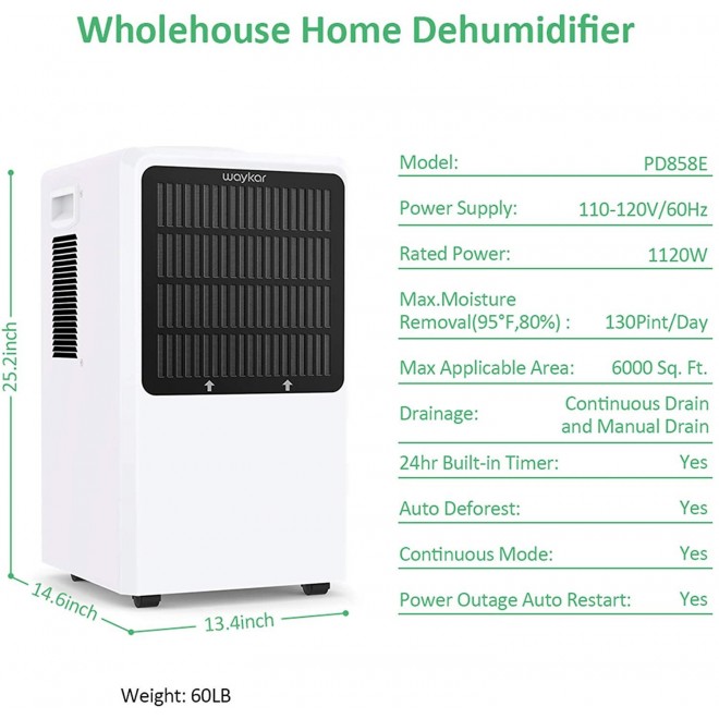 130 Pints Commercial Dehumidifier, with Drain Hose for Home Basements Whole house Moisture Remove