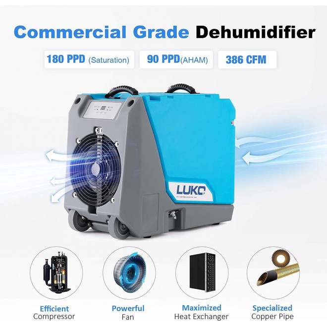180 PPD Commercial Dehumidifier with Pump Drain Hose for Basements Warehouse & Job Sites, Large Capacity Rotational Molded Portable Crawl Space Dehumidifier for Efficient Water Damage Restoration