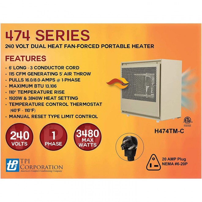 H474TMC474 Series Dual Wattage Portable Heater – Corrosion Resistant, Temperature Control Thermostat, 240V. Home Heaters