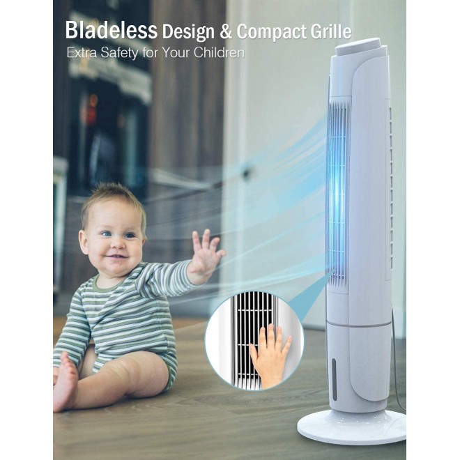 Evaporative Cooler - 2-In-1 Bladeless Tower Fan w/Cooling Function, 1 Gallon Water Tank, 20-Ft Remote, 12H Timer, 60°Oscilliation Air Conditioner Fan for Home Office Dorm Outdoor, 43-Inch