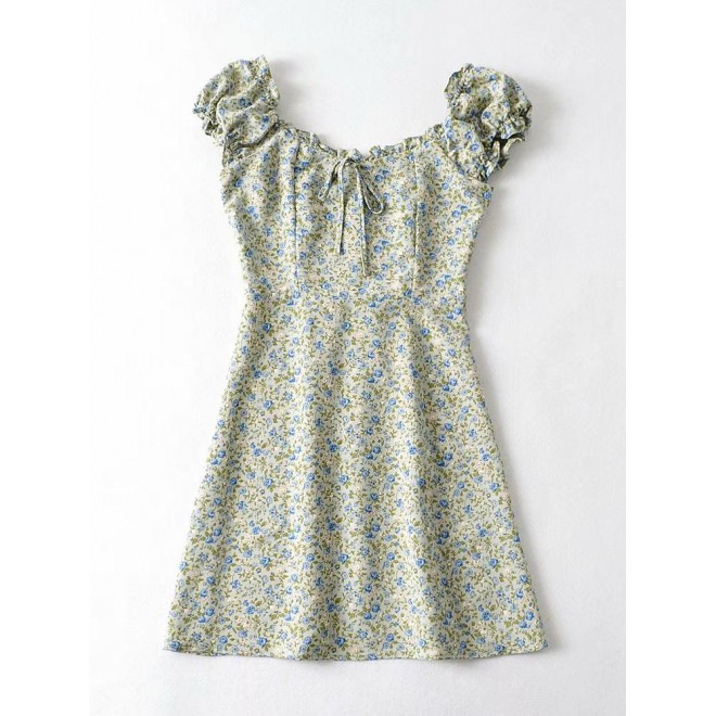 French Style Floral Puff Sleeve Mini Dress