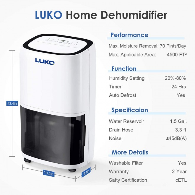 70 Pints 4,500 SQ FT Dehumidifier for Basements and Large Rooms, Portable Home Dehumidifier with Drain Hose and 1.5 Gallon Large Water Reservoir
