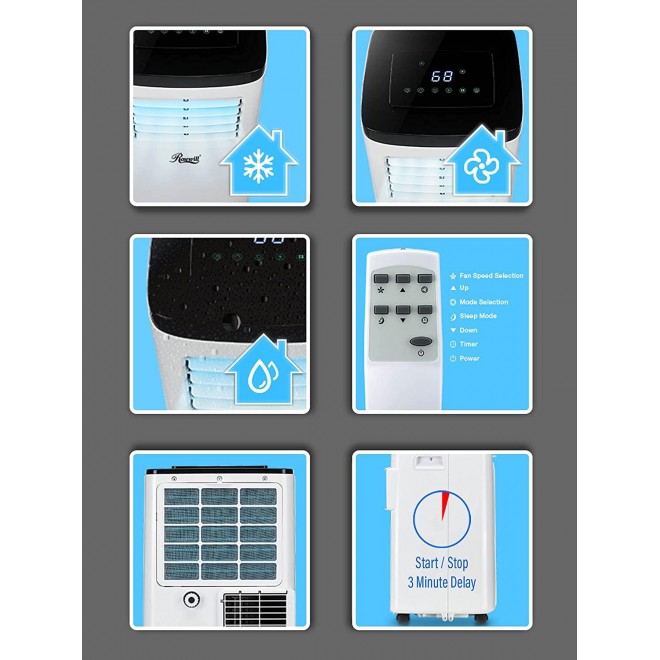 Portable Air Conditioner 7000 BTU, AC Fan & Dehumidifier 3-in-1 Cool/Fan/Dehumidify w/Remote Control, Quiet Energy Efficient Self Evaporation AC Unit for Single Room Use, RHPA-18001