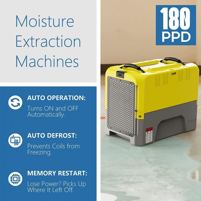 180PPD Large Dehumidifier for Basement, Wi-Fi APP Controls with Pump, Capacity up to 85 PPD at AHAM Condition, for Large Space, Job Sites, Yellow