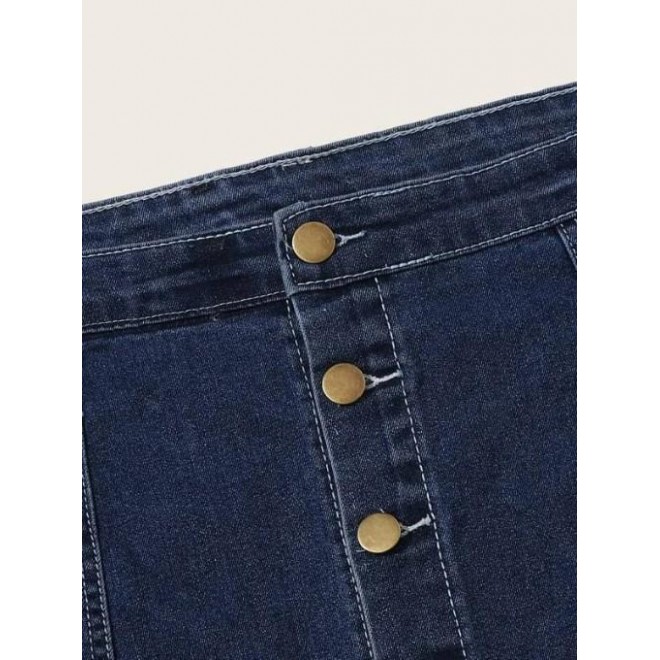 Button Fly Plus Size Solid Color Denim Skirt
