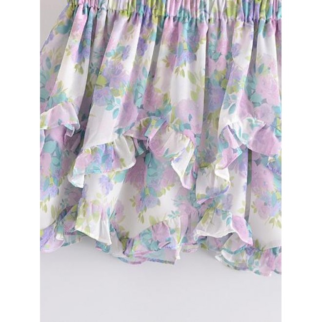 Sweaty Floral Ruffles Patchwork Short Skirt