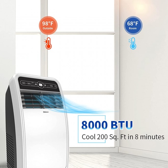 8,000 BTU Portable Air Conditioner, Built-in Compressor, with Cooler, Dehumidifier, Fan, Cools Rooms up to 200 sq.ft, Remote Control, Exhaust Hose, Complete Window Mount Exhaust Kit