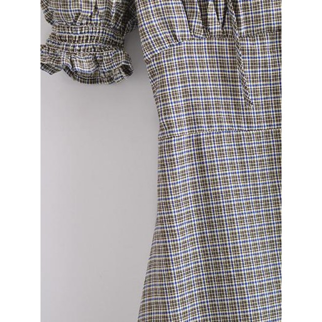 Vintage Casual Plaid College Puff Sleeve Dresses