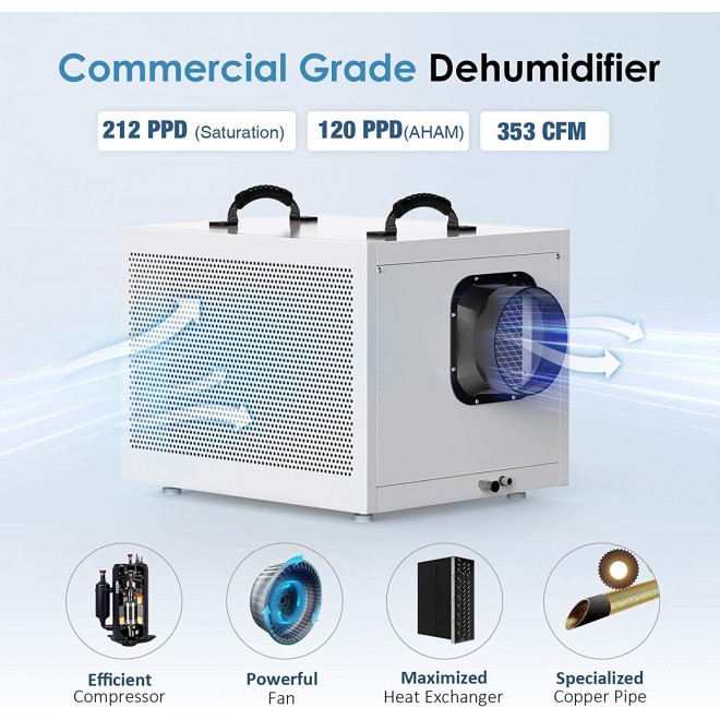 212 Pints Crawl Space Commercial Dehumidifier with Pump and Drain Hose 120 Pints/Day (AHAM) Humidity Control for up to 8,000 sq ft Basements, Water Damage Storage