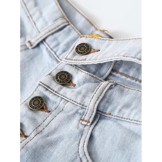 Street Hollow Out Ripped Button Denim Short Pant