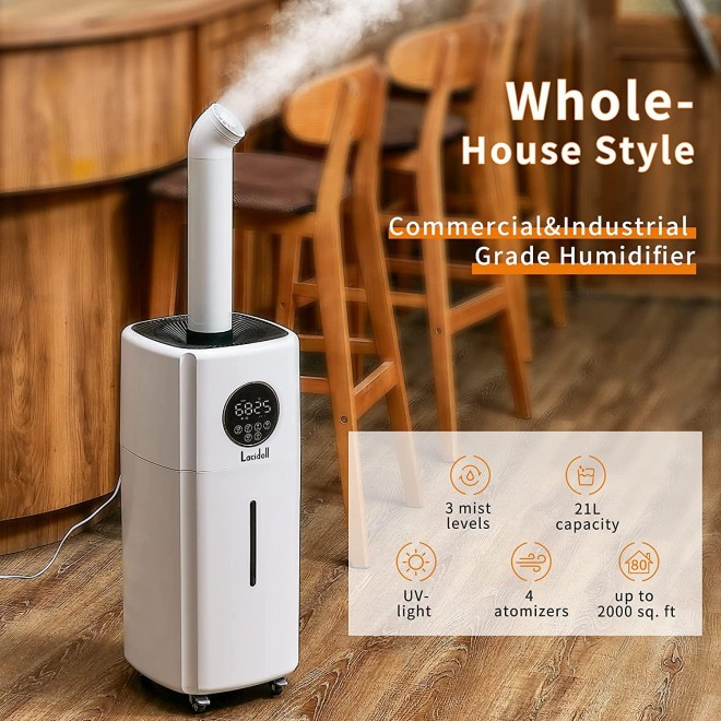 Large Humidifiers Whole-House Style Commercial&Industrial Humidifier 2000 sq.ft, 5.5Gal Ultrasonic Cool Mist Top Fill Humidifier 21L 2000ML/H Dual 360° Nozzles 3 Speed