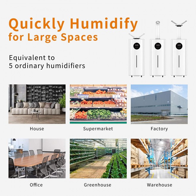 Large Humidifiers Whole-House Style Commercial&Industrial Humidifier 2000 sq.ft, 5.5Gal Ultrasonic Cool Mist Top Fill Humidifier 21L 2000ML/H Dual 360° Nozzles 3 Speed