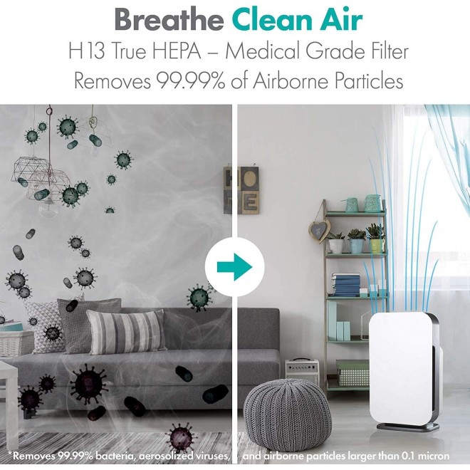 Air Purifier, Medical Grade Filtration H13 True HEPA for 700 Sqft, 99.99% Airborne Particle Removal, Captures Allergens, Bacteria, Germs, Mold, Odors, in White