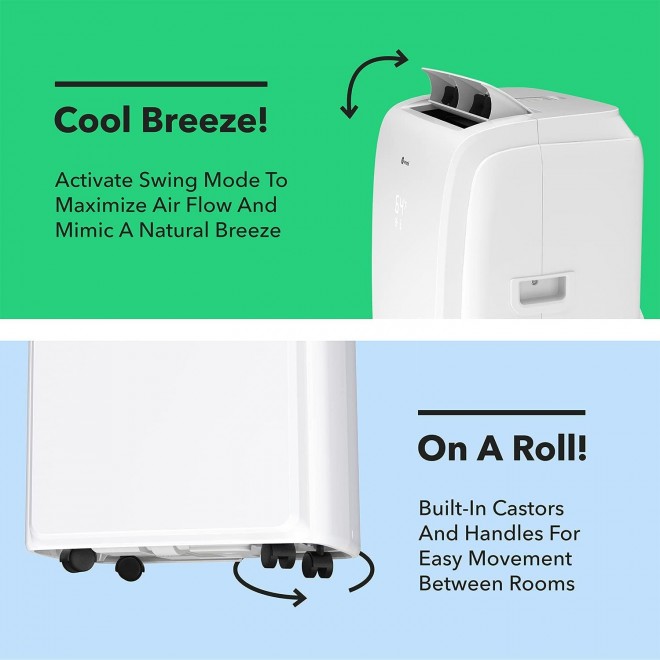 12000 BTU Portable Air Conditioner with Heat Function for 300 to 350 Sq Ft Rooms - Powerful AC Unit with Cooling Fan, Wheels, Reusable Filter, Auto Shut Off and LED Display
