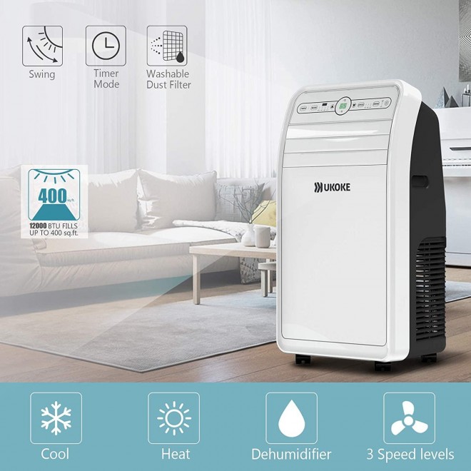 USPC01W Smart Wifi Portable Air Conditioner, Works with Alexa & Mobile App Control, 12000BTU, 4 in 1 AC Unit with Cool, Heat, Dehumidifier & Fan, up to 400 Sq. ft, white