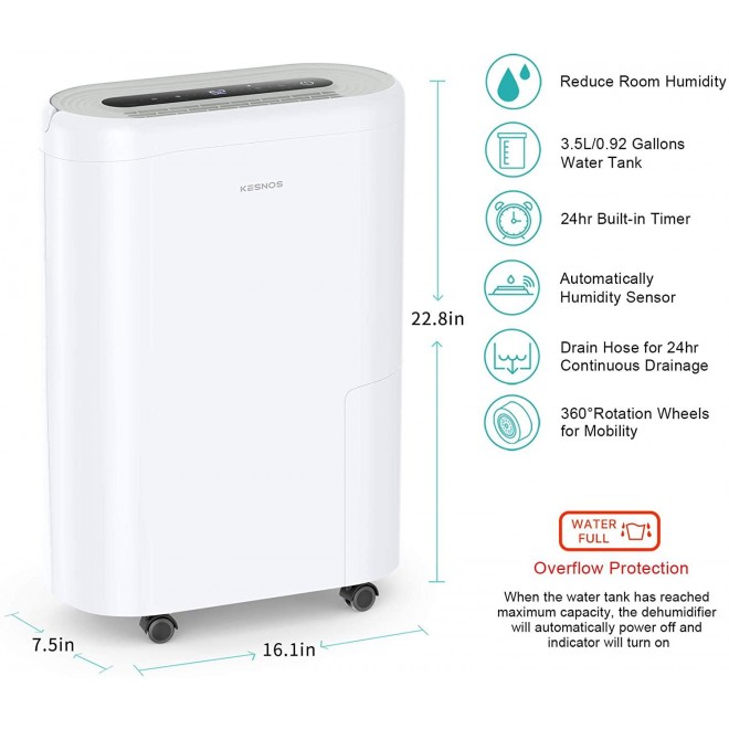 4000 Sq. Ft Dehumidifier for Home, Basement, Bedroom, with Intelligent Humidity Control, Continuous Drain Hose and Wheel