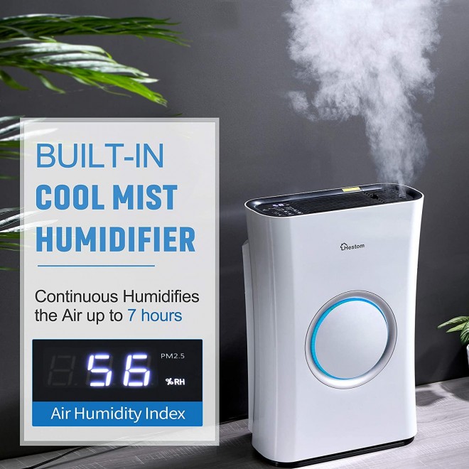 Air Purifier with Humidifier for Large Room, 1200 Sq Ft Coverage, H13 HEPA Air Cleaner Filter for Home, Ideal for Pets, Low Noise, Auto Mode, 4 Fans Setting, Sleep Mode, White