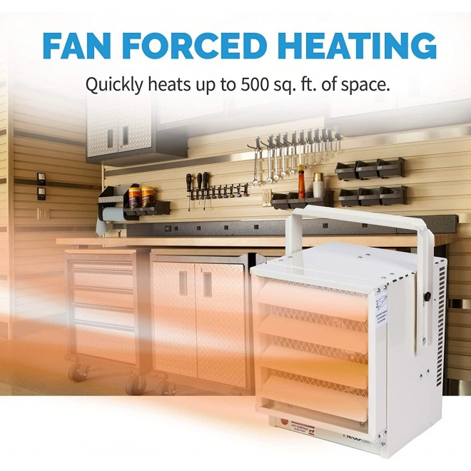 Portable Garage Heater, Ceiling Mountable Hardwired Electric Heat with Adjustable Louvers, Heats up to 500 sq ft, G73, Ivory, 8.90