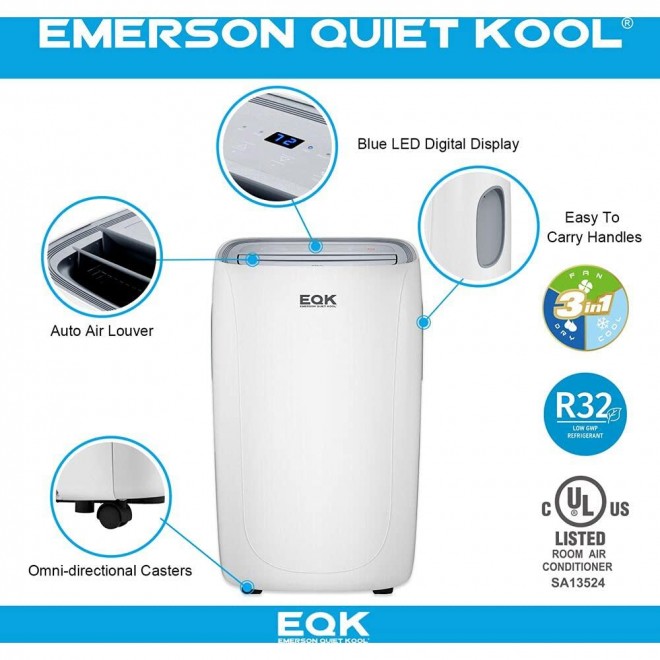 Quiet Kool 150-Sq 3 in 1 Portable Air Conditioner, Dehumidifier & Fan with Remote Control, for Rooms up to 300-Sq. Ft. EAPC8RD1, 27.400, White