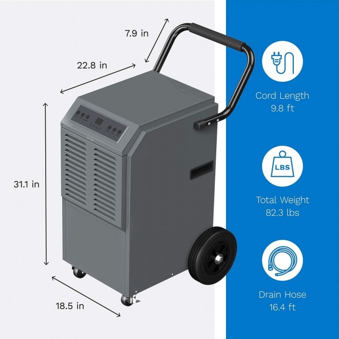 Commercial Grade 140 Pint Dehumidifier - Built-In Pump, Includes Drain Hose and Washable Filter - Ideal for Large Basements, Industrial or Commercial Spaces and Job Sites