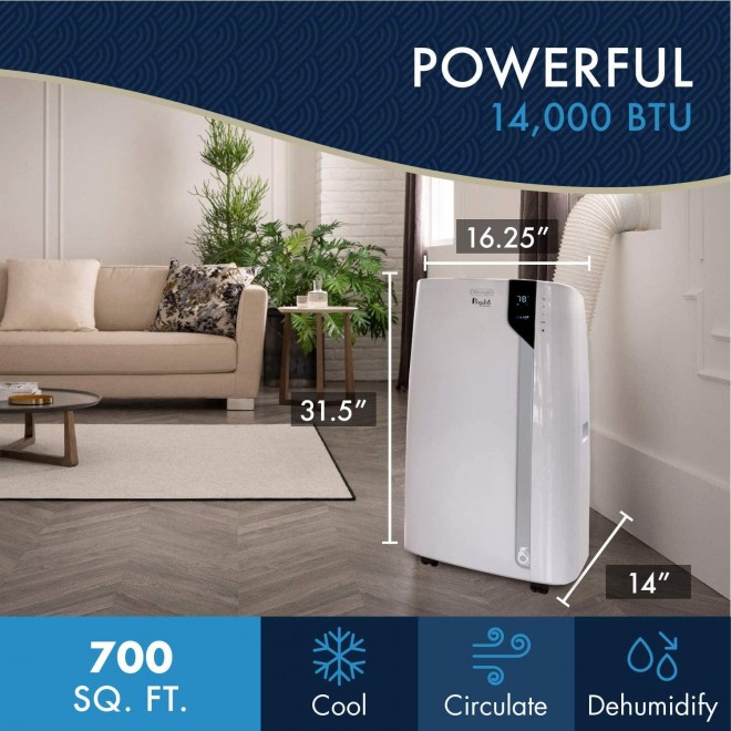 14000 BTU Portable Air Conditioner, Dehumidifier & Fan + Cool Surround Remote w/Built-in Temperature Control Sensor & Quiet Mode, 700 sq ft, XLarge Room, Pinguino 8600 BTU (DOE), White
